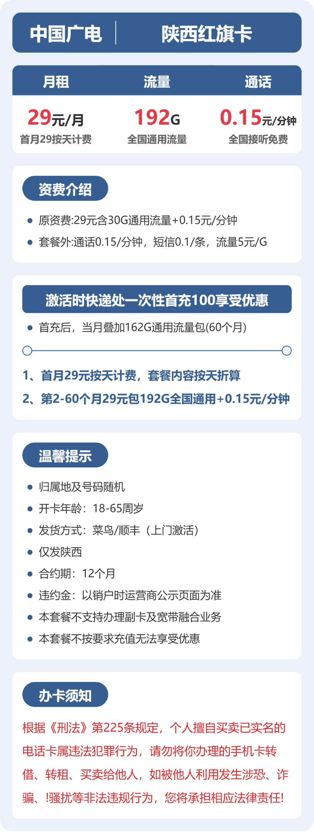 广电陕西红旗卡29元包192G+0.15元/分钟