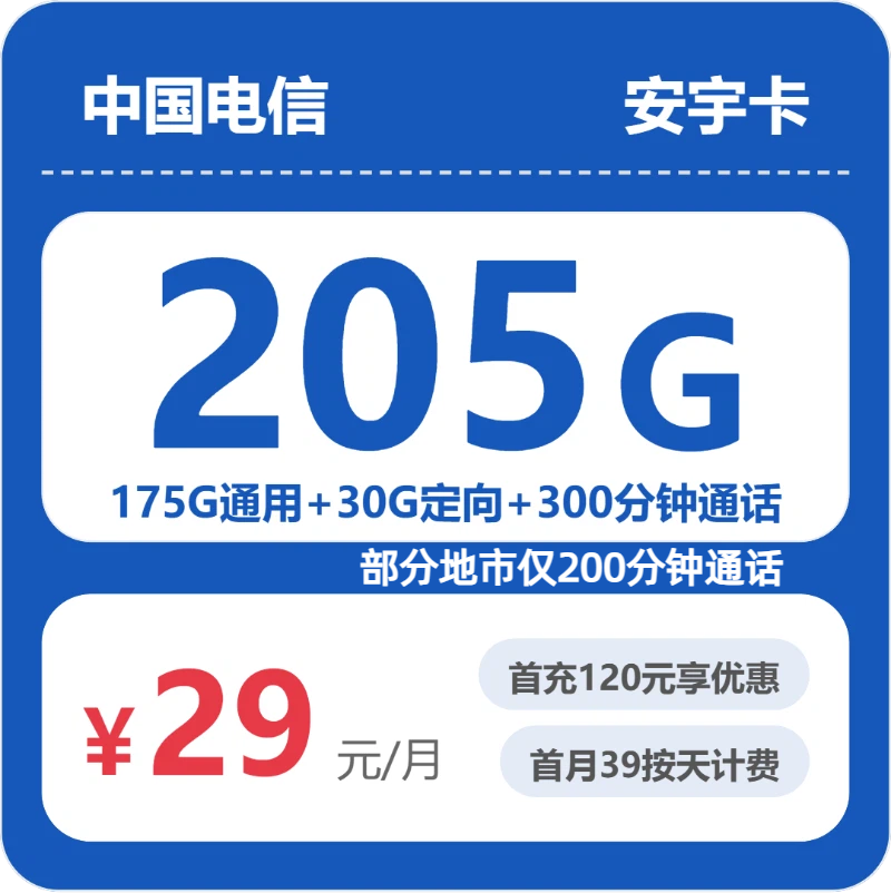 电信省内安宇卡29元包205G+300分钟通话