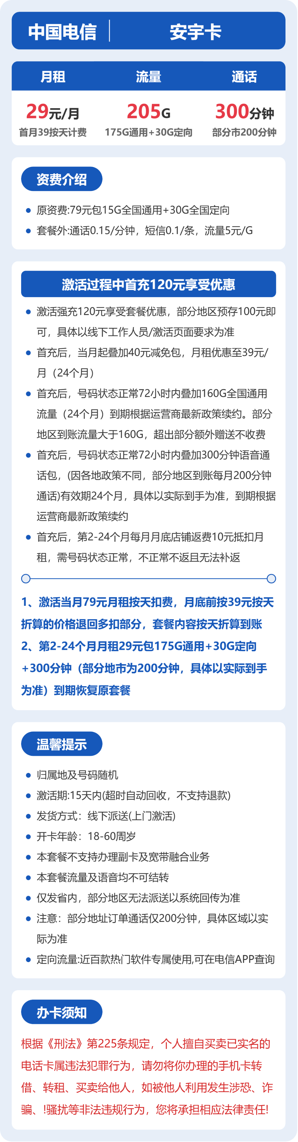电信省内安宇卡29元包205G+300分钟通话
