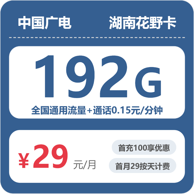 广电湖南花野卡29元包192G+0.15元/分钟