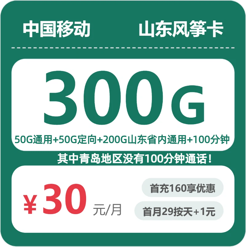 移动山东风筝卡30元包300G+100分钟