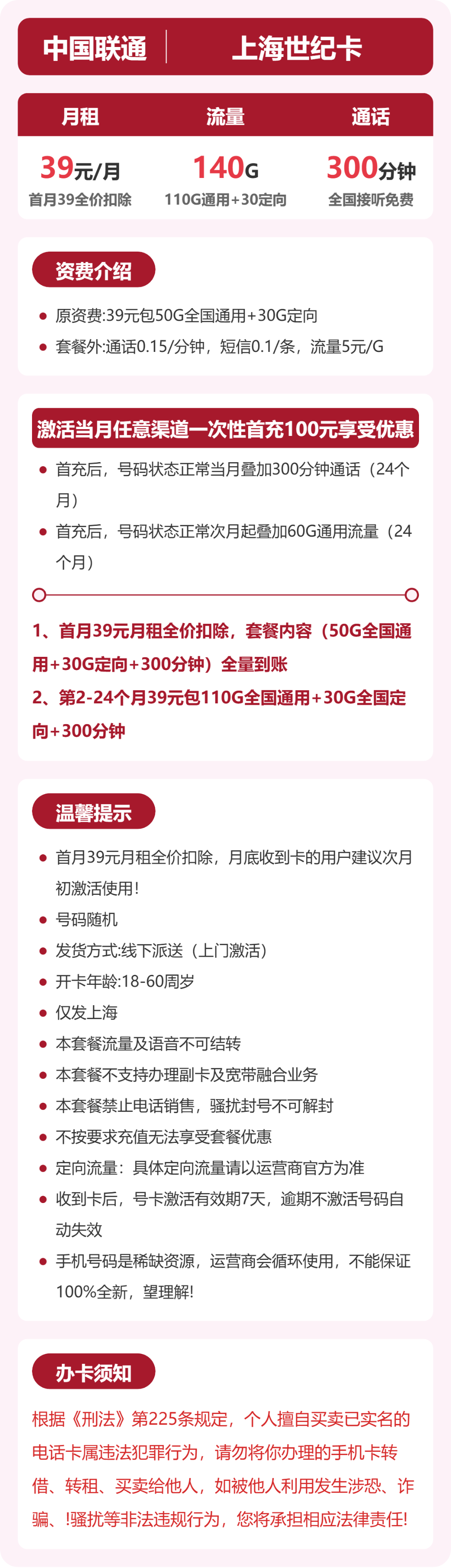 联通上海世纪卡39元包140G+300分钟