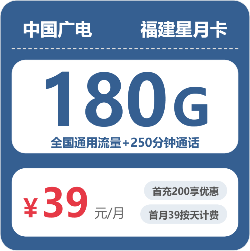 广电福建星月卡39元包180G+250分钟