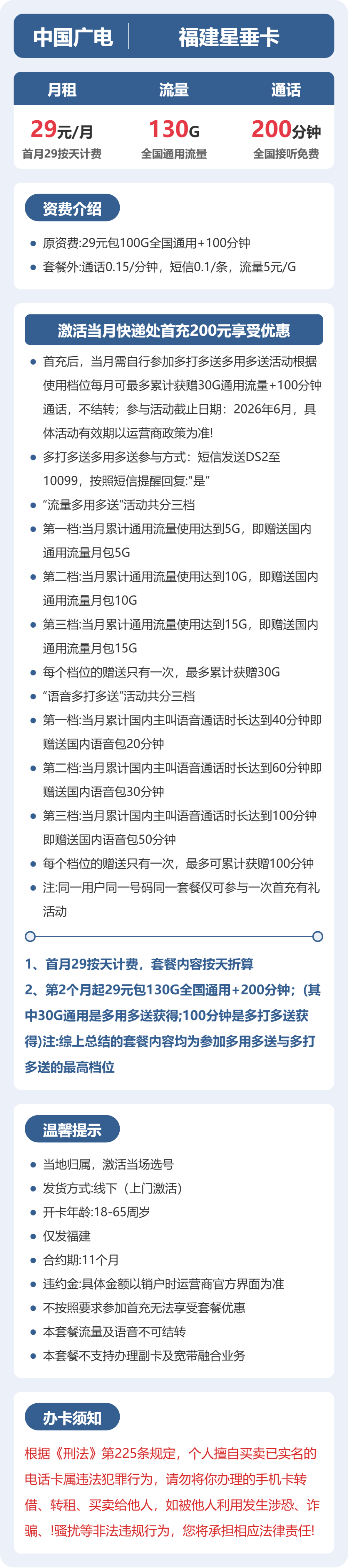 广电福建星垂卡29元包130G+200分钟