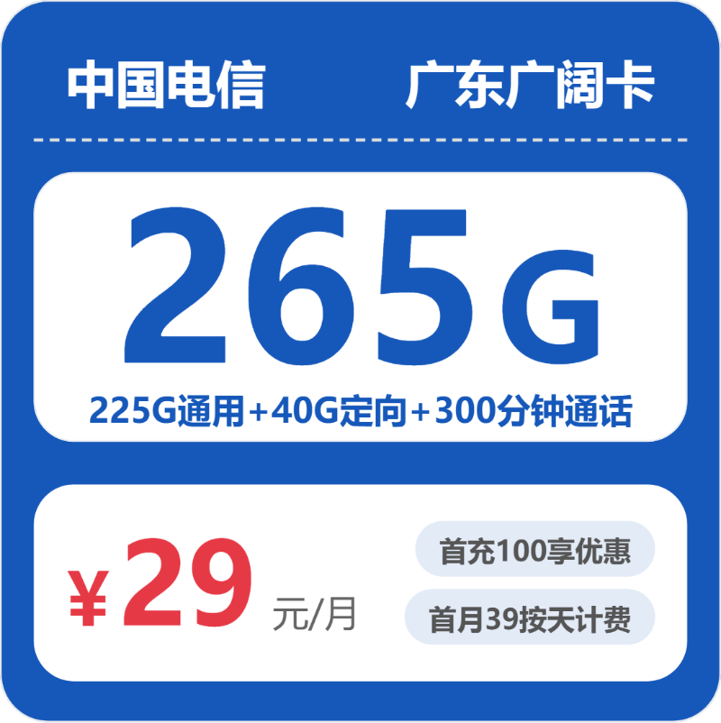 电信广东广阔卡29元包265G+300分钟