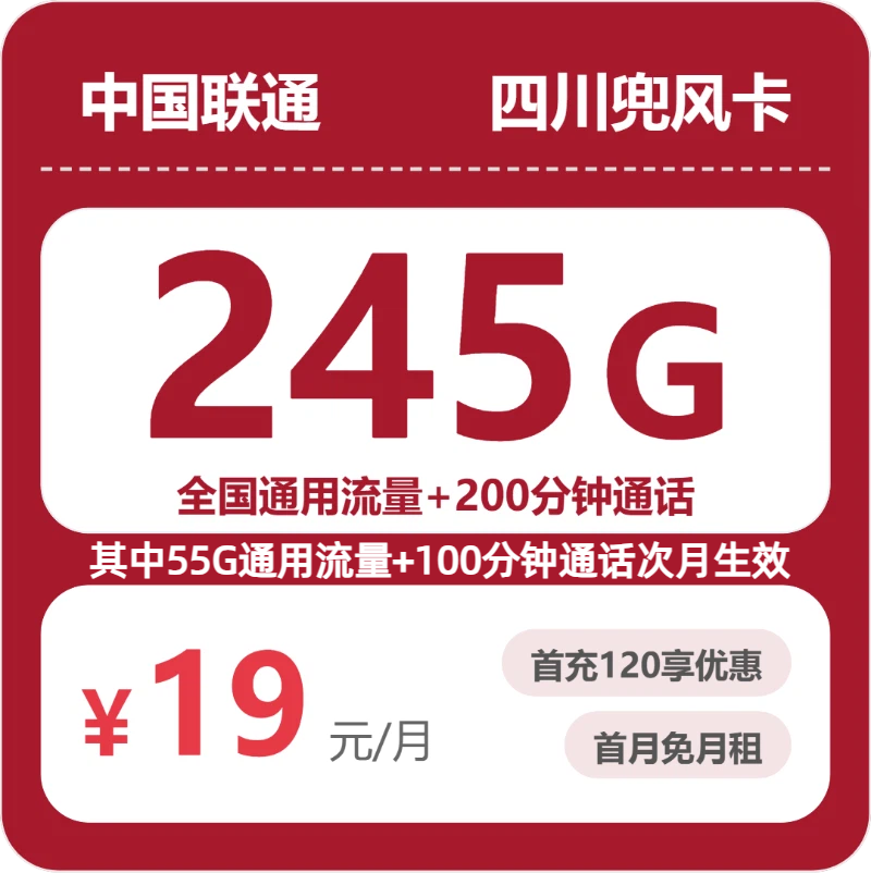 联通四川兜风卡19元包245G+200分钟
