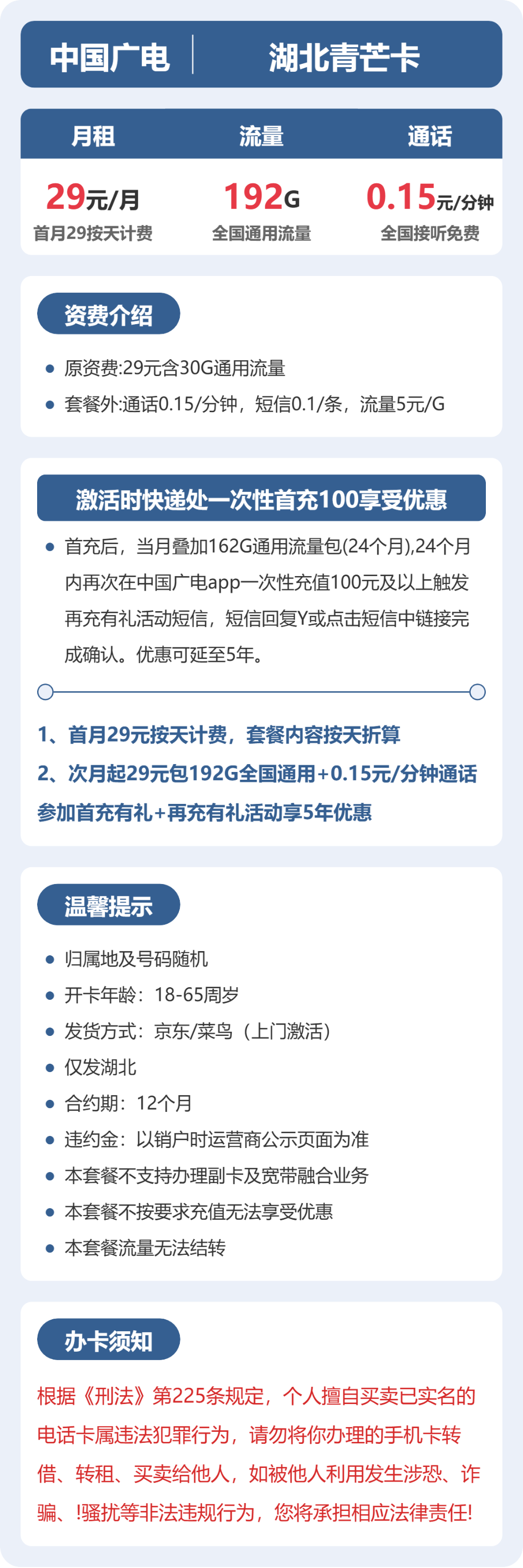 广电湖北青芒卡29元包192G+0.15元/分钟