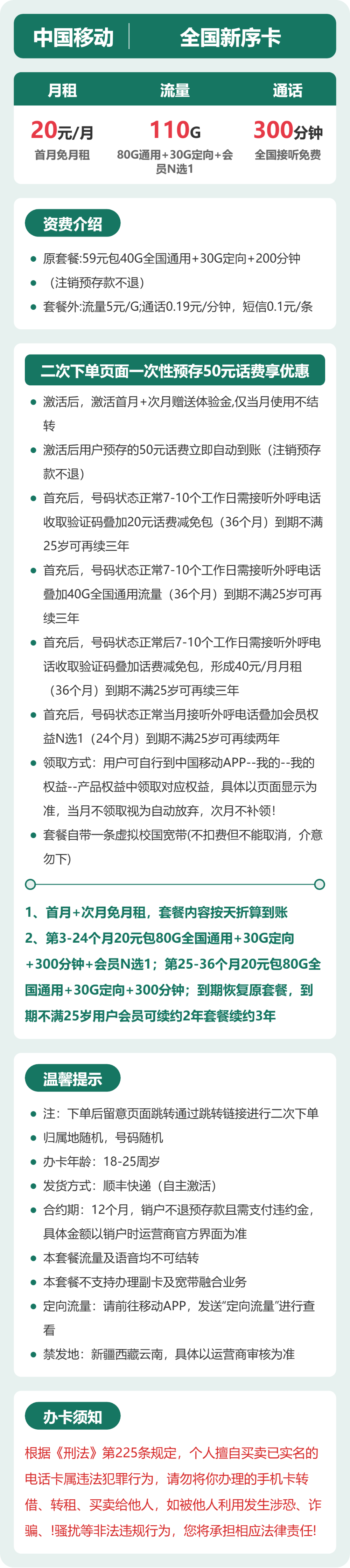 移动全国新序卡20元包110G+300分钟+会员
