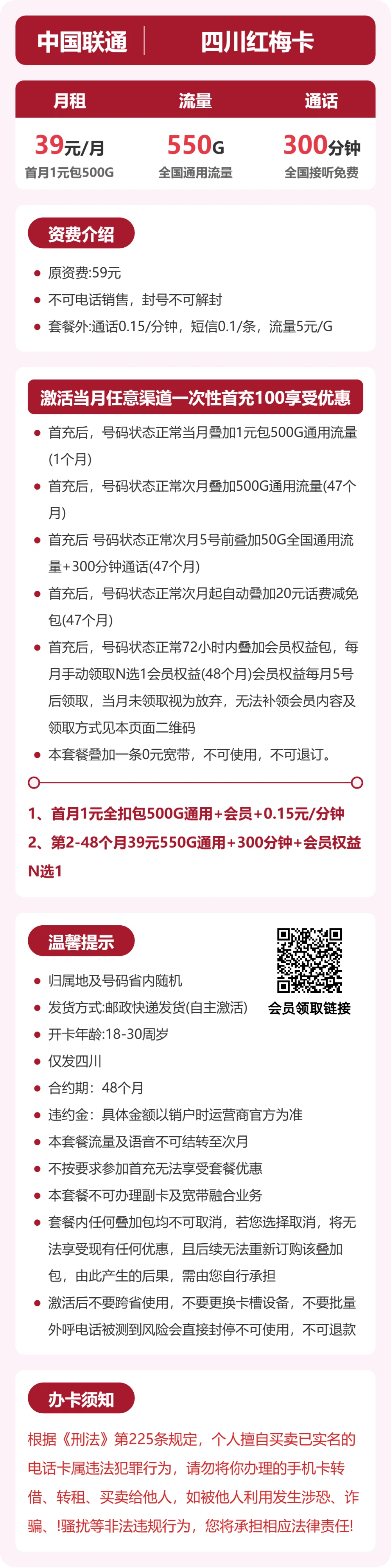 联通四川红梅卡39元包550G+300分钟+会员