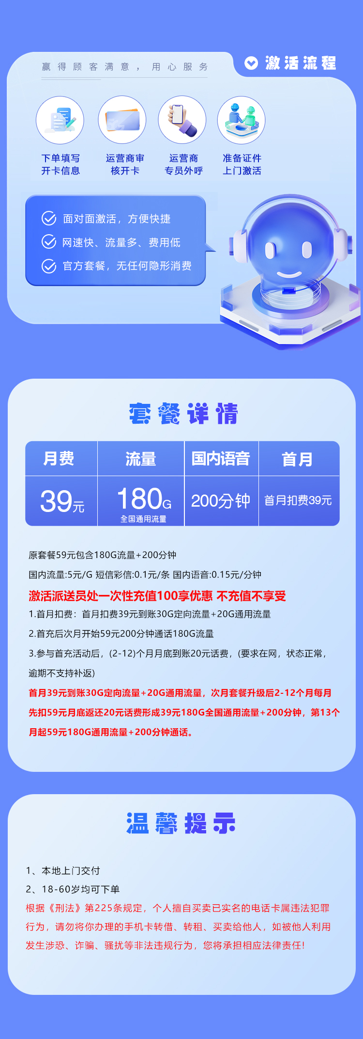 湖北联通省内专享卡39元180G+200分钟