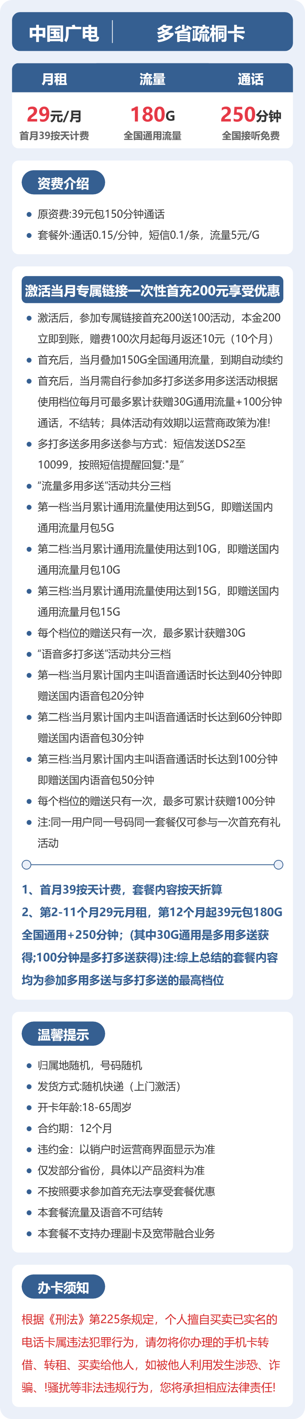 广电多省疏桐卡29元包180G+250分钟