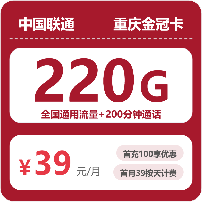 联通重庆金冠卡39元包220G+200分钟