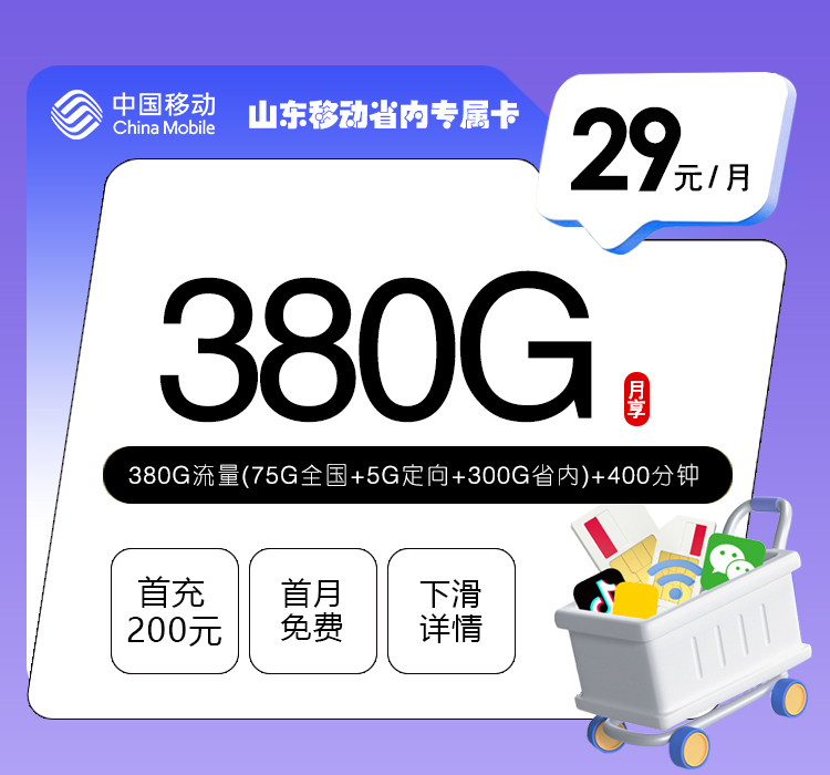 山东移动省内专属卡29元380G流量+400分钟