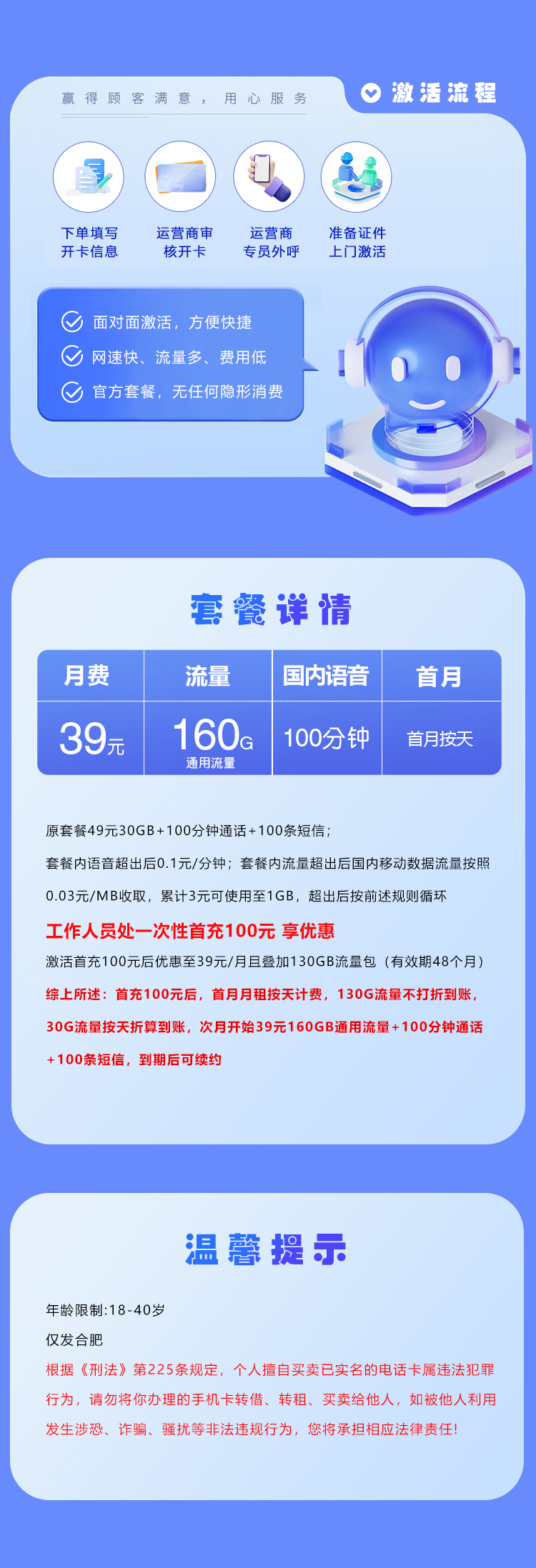 移动飞青卡39元160G+100分钟仅发合肥