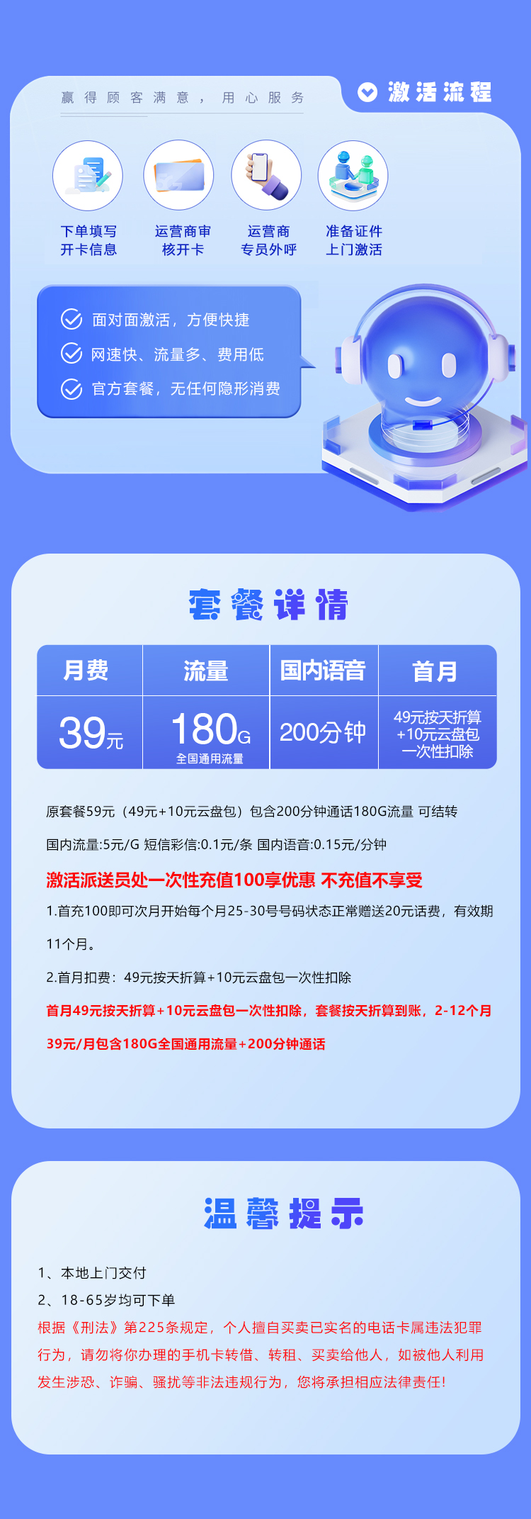 湖北联通专属卡 39元180G+200分钟