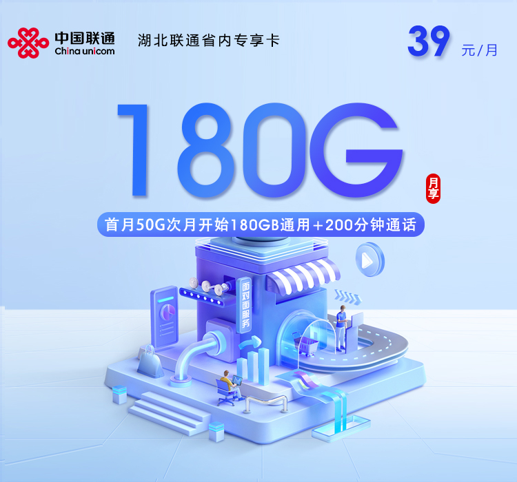 湖北联通省内专享卡39元180G+200分钟