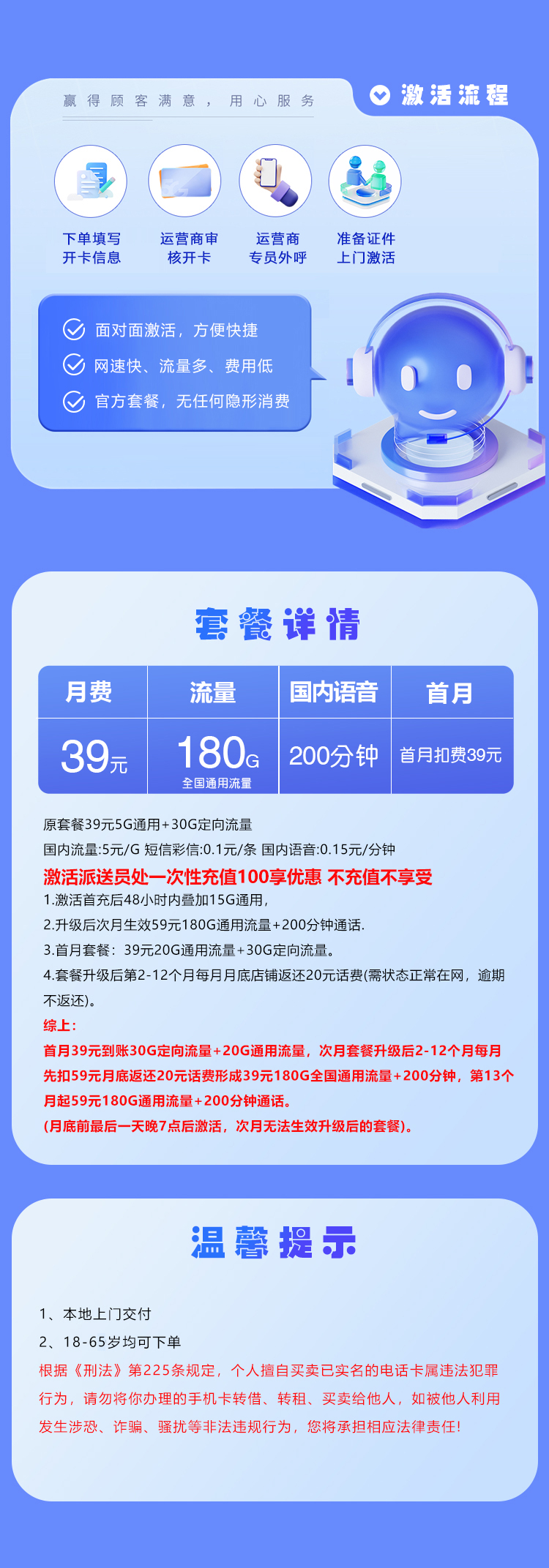 湖北联通省内专享卡39元180G+200分钟