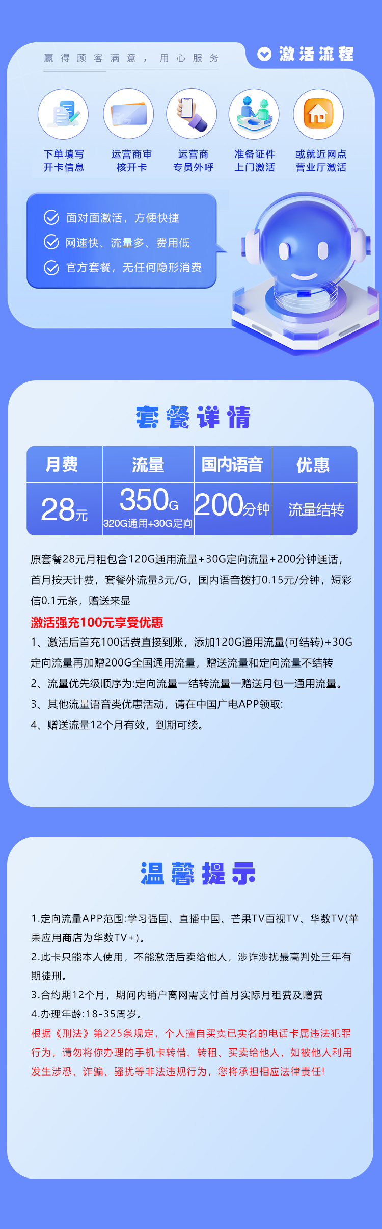 潍坊广电专享卡28元350G+200分钟