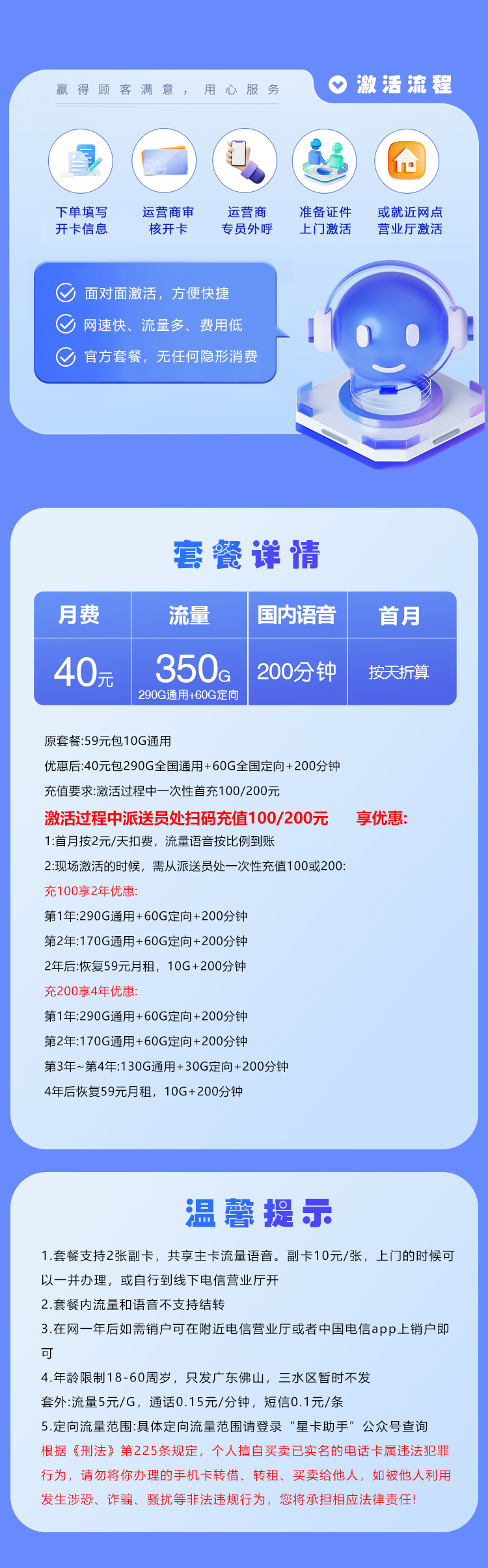 佛山电信专享卡40元350G+200分钟