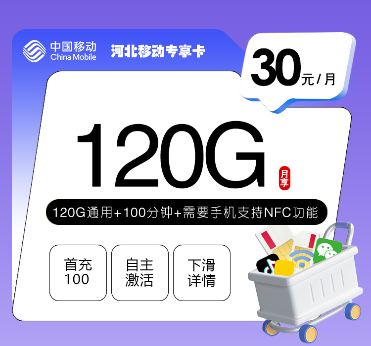 河北移动专享卡30元120G+100分钟