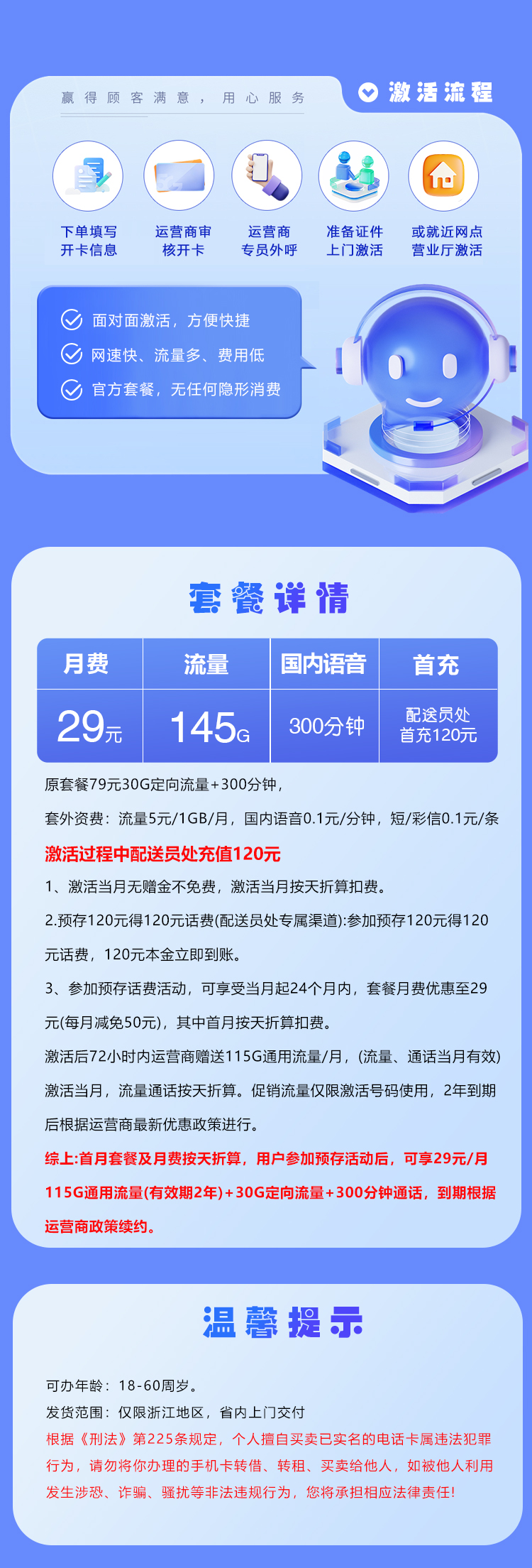 浙江省内电信卡29元145G+300分钟