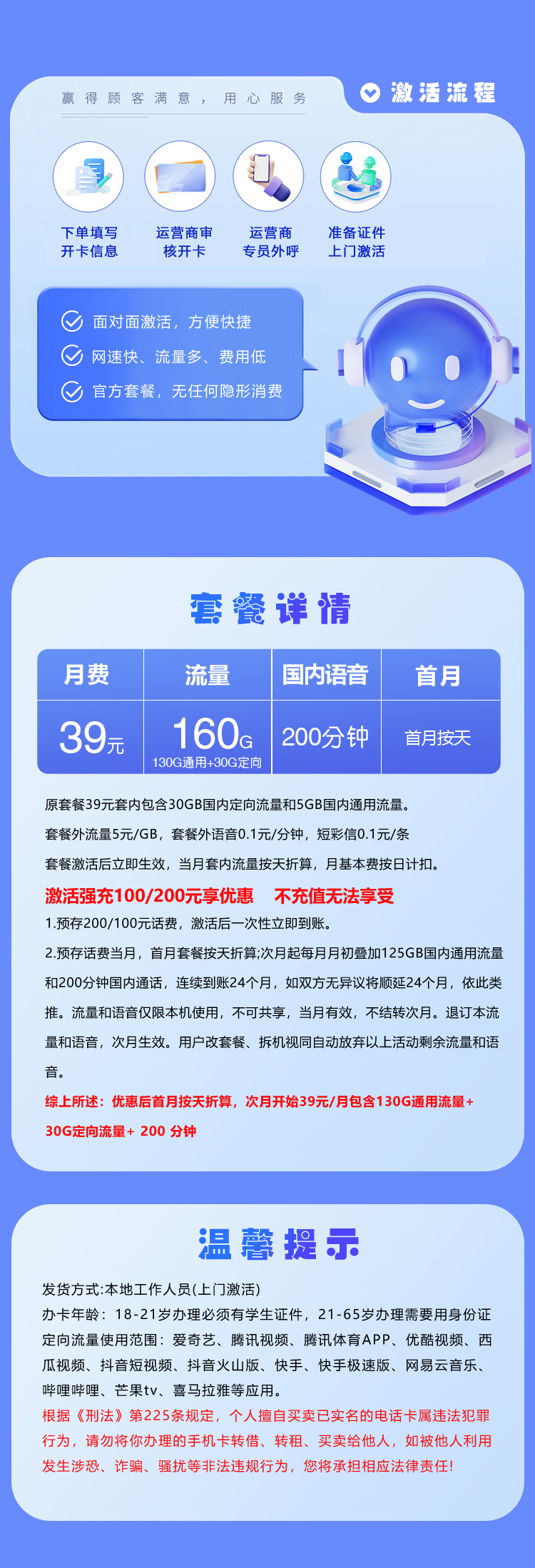 武汉电信专属卡39元160G+200分钟
