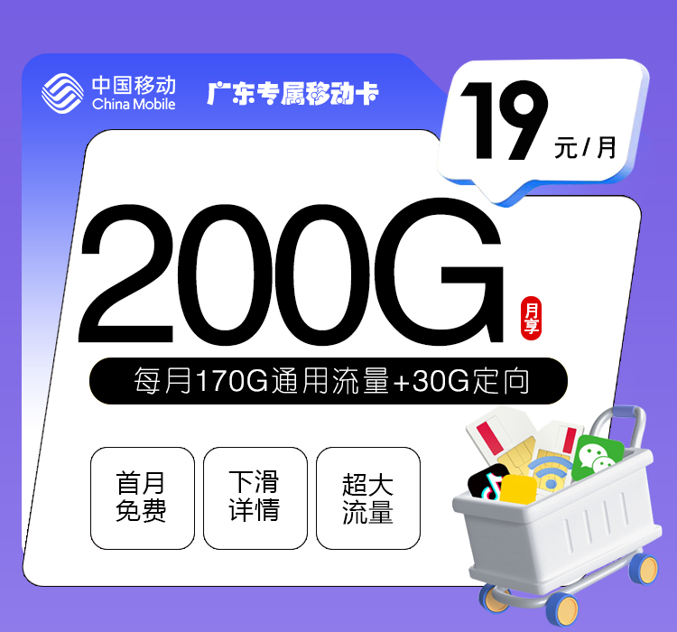 广东专属移动卡19元200G