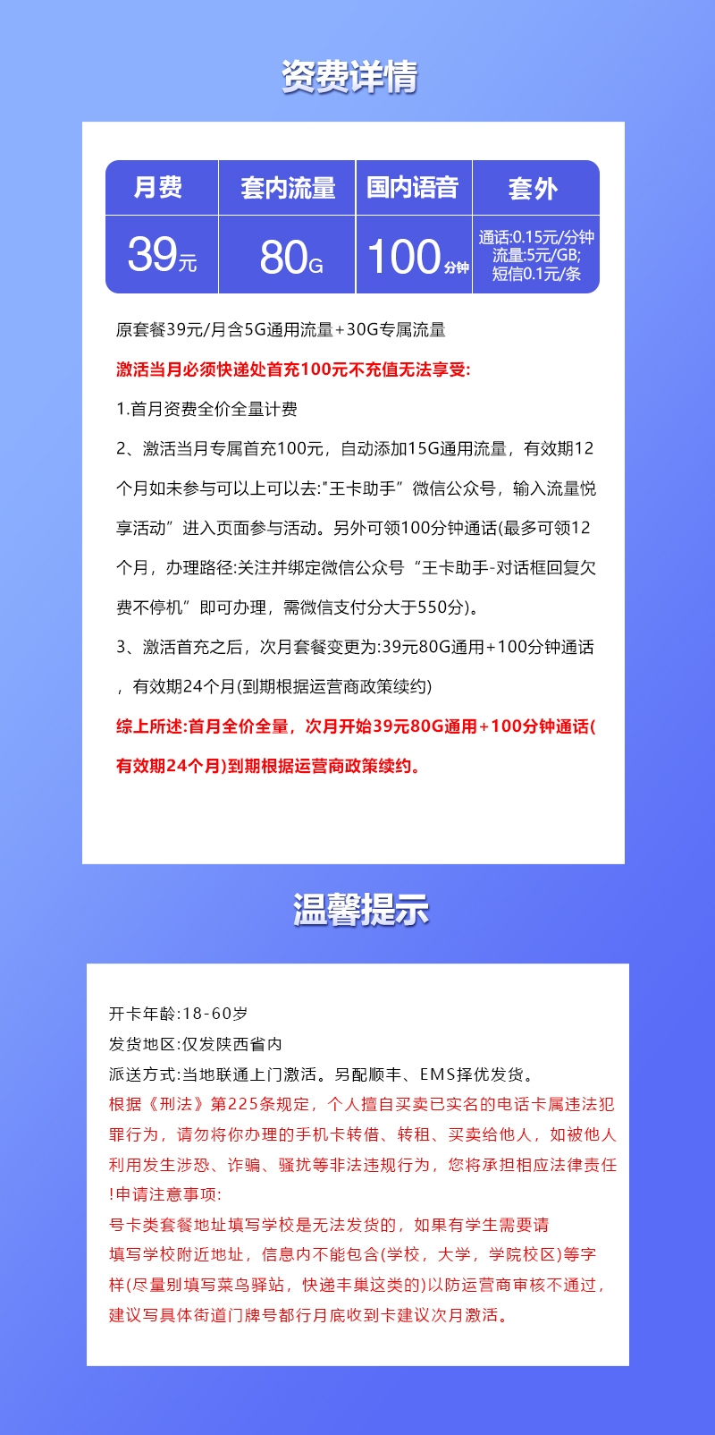 陕西专属联通卡2.039元80G+100分钟