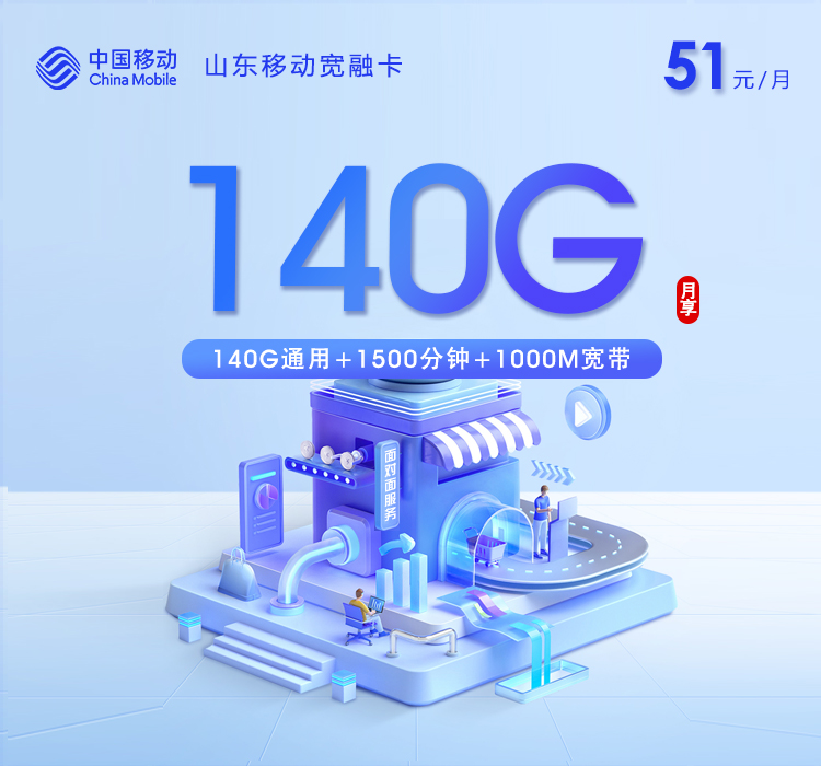 山东移动宽融卡51元140G+1500分钟+1000M宽带