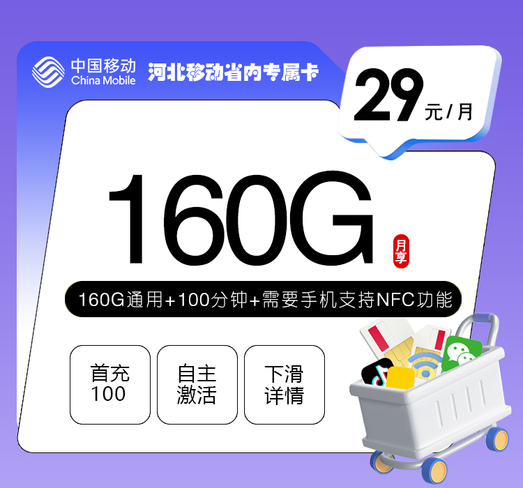 河北移动省内专属卡29元160G+100分钟