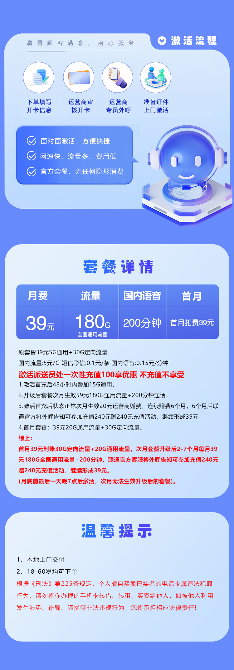 湖北联通省内卡39元180G+200分钟