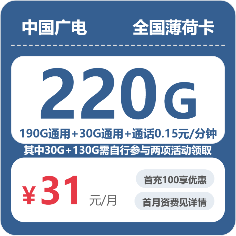 广电全国薄荷卡31元包220G+0.15元/分钟