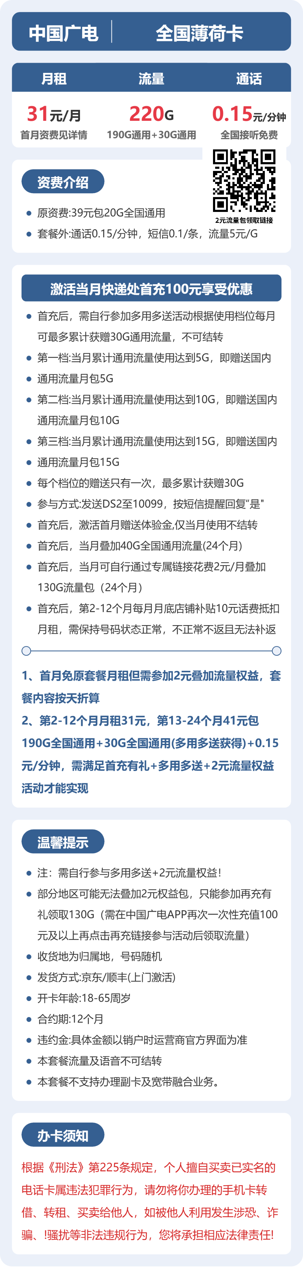 广电全国薄荷卡31元包220G+0.15元/分钟