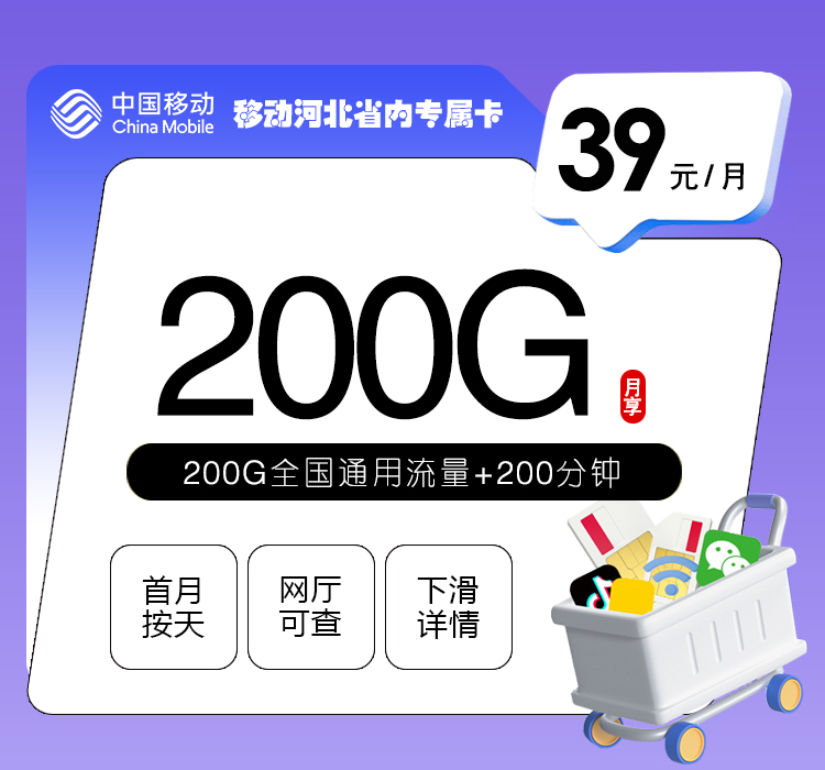 移动河北省内专属卡39元200G+200分钟