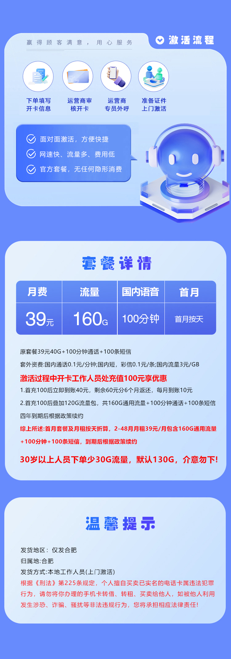 安徽合肥电信专属卡2.039元160G+100分钟