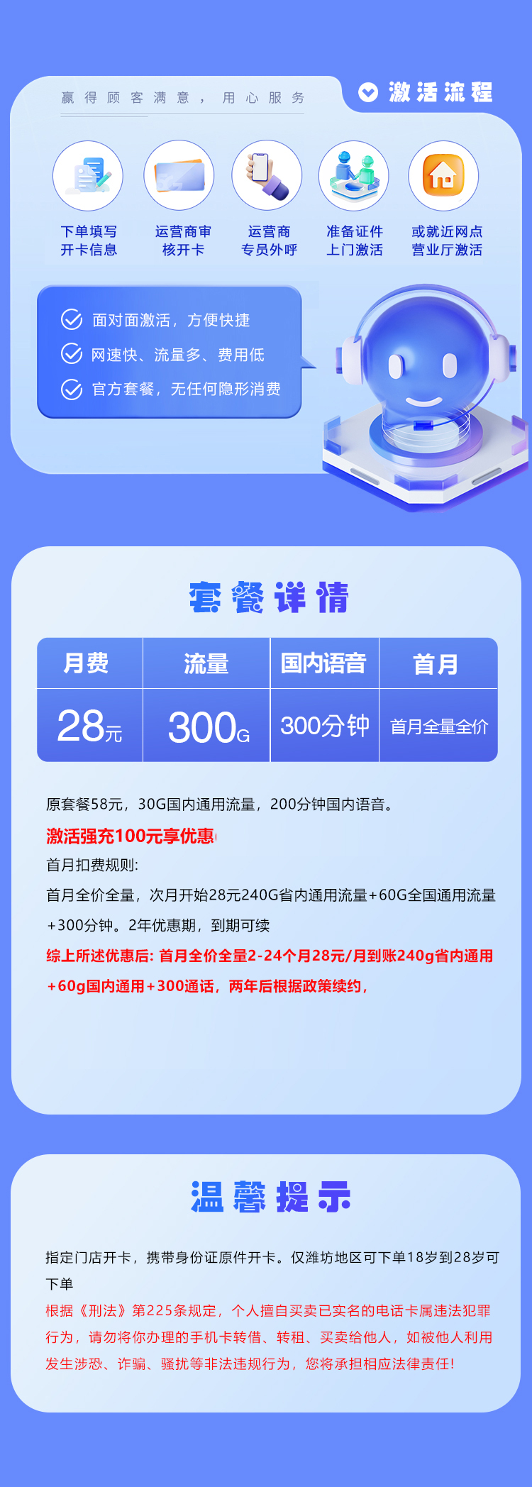 联通潍坊专属卡28元300G+300分钟