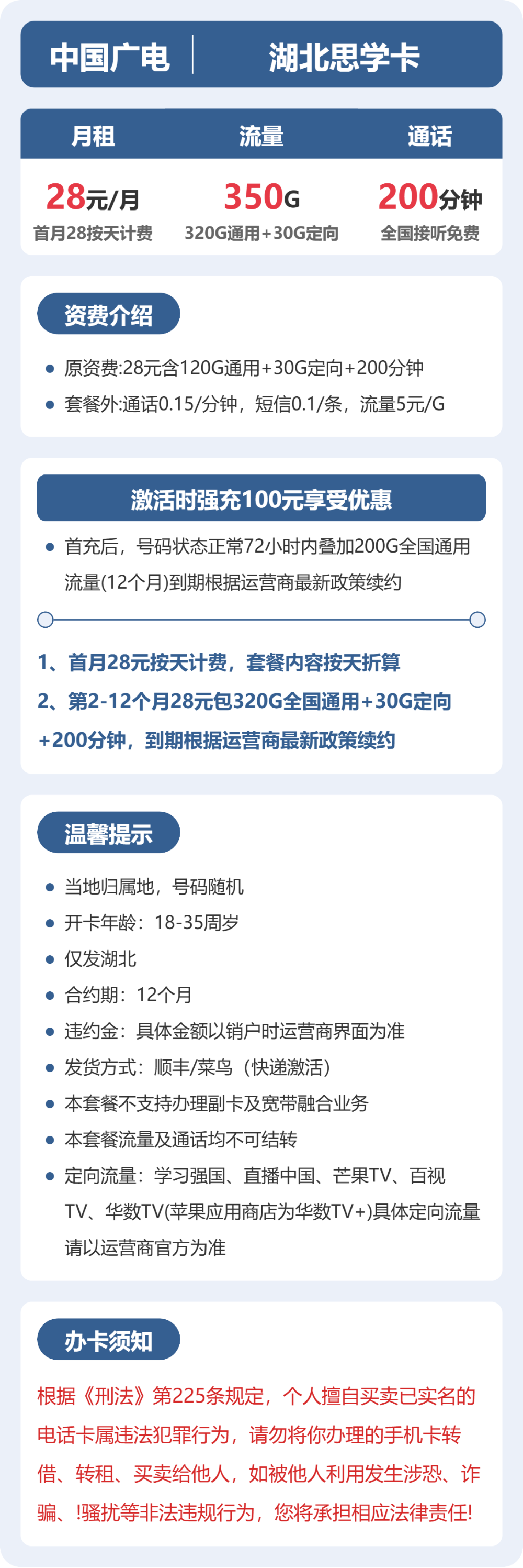 广电湖北思学卡28元包350G+200分钟