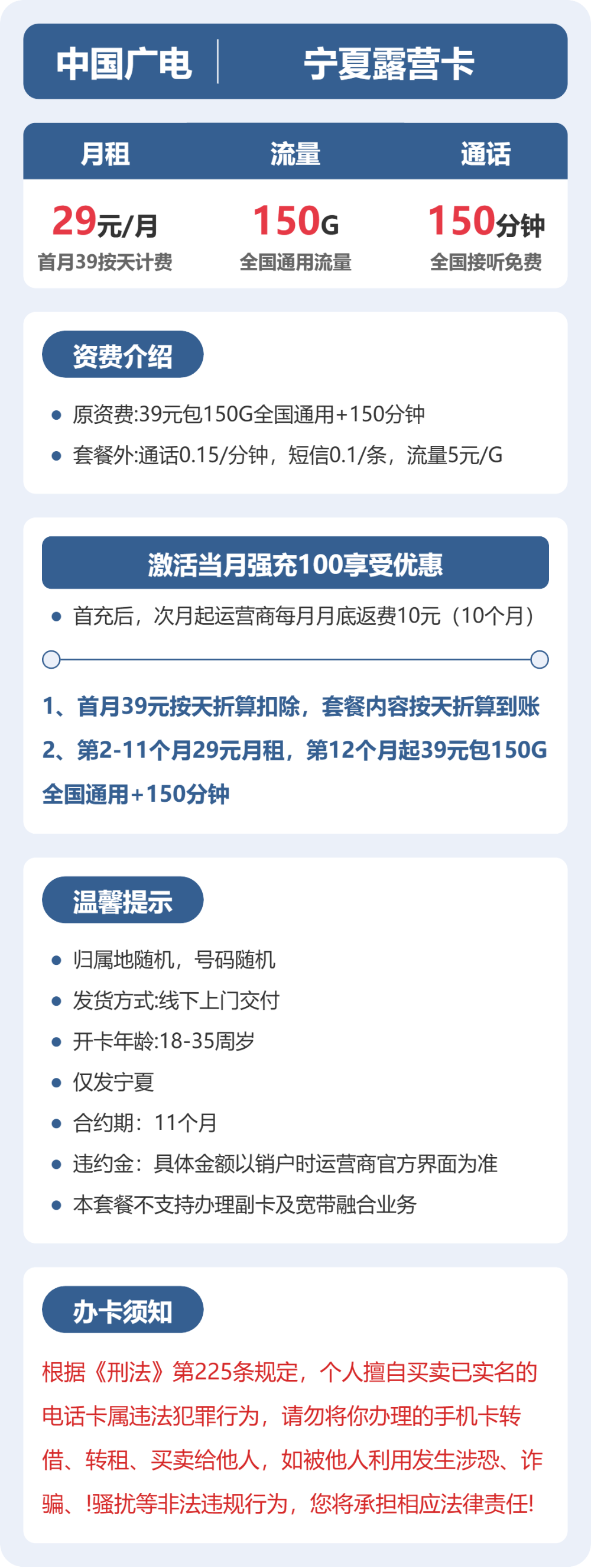 广电宁夏露营卡29元包150G+150分钟