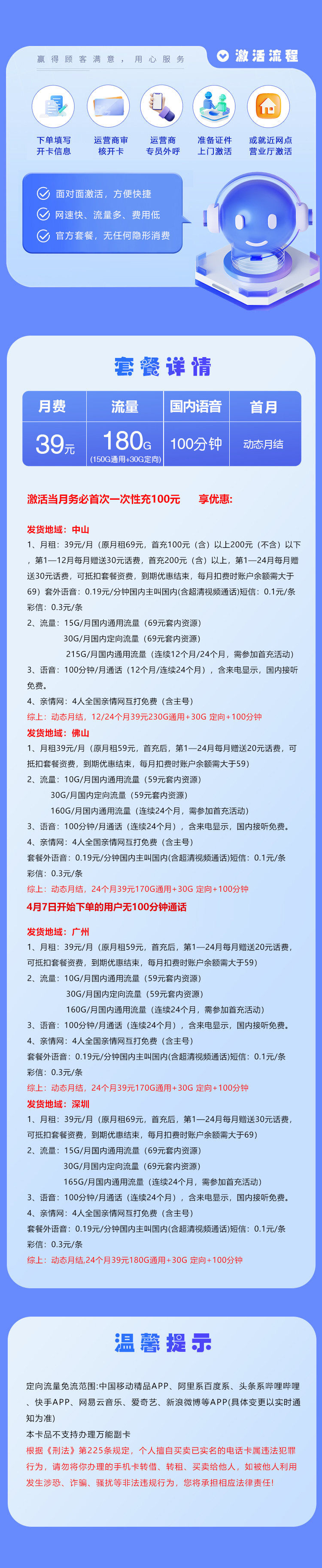 广东移动省内专属卡39元180G+100分钟