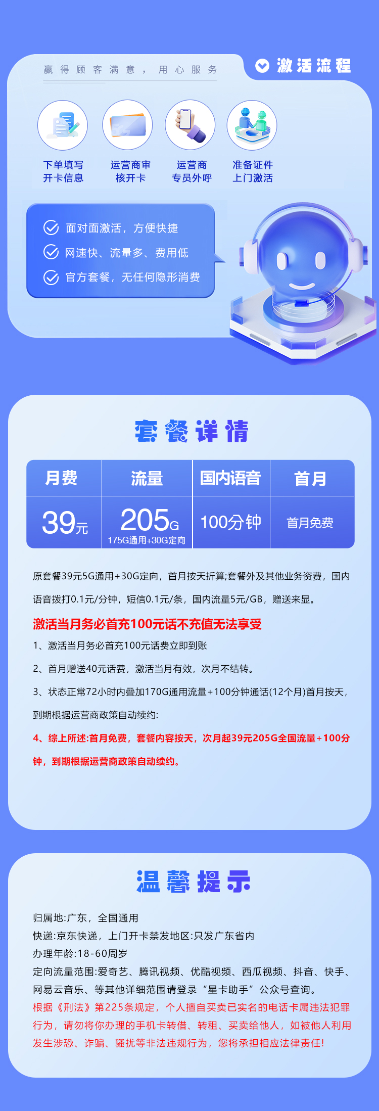 广东电信省内卡 39元205G+100分钟