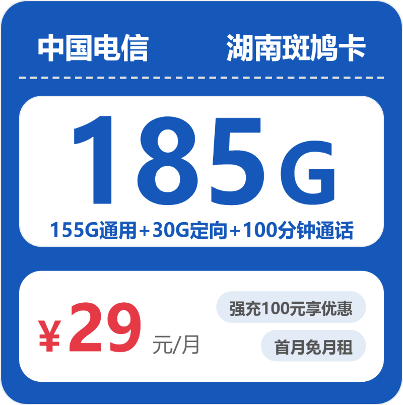 电信湖南斑鸠卡29元包185G+100分钟
