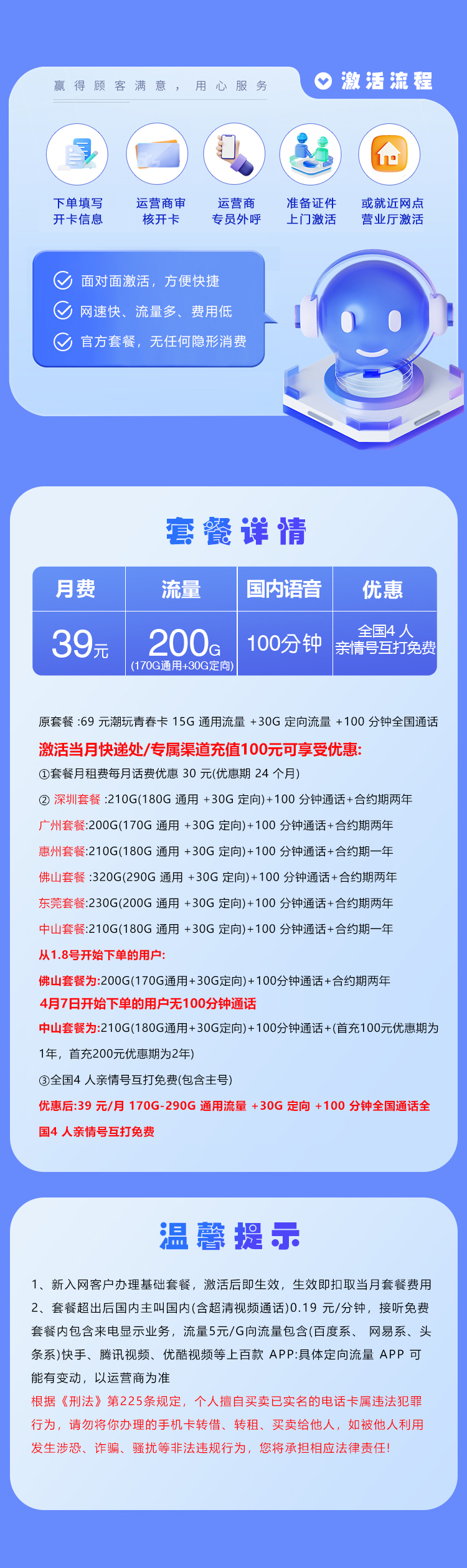 广东移动省内专属卡39元200G+100分钟