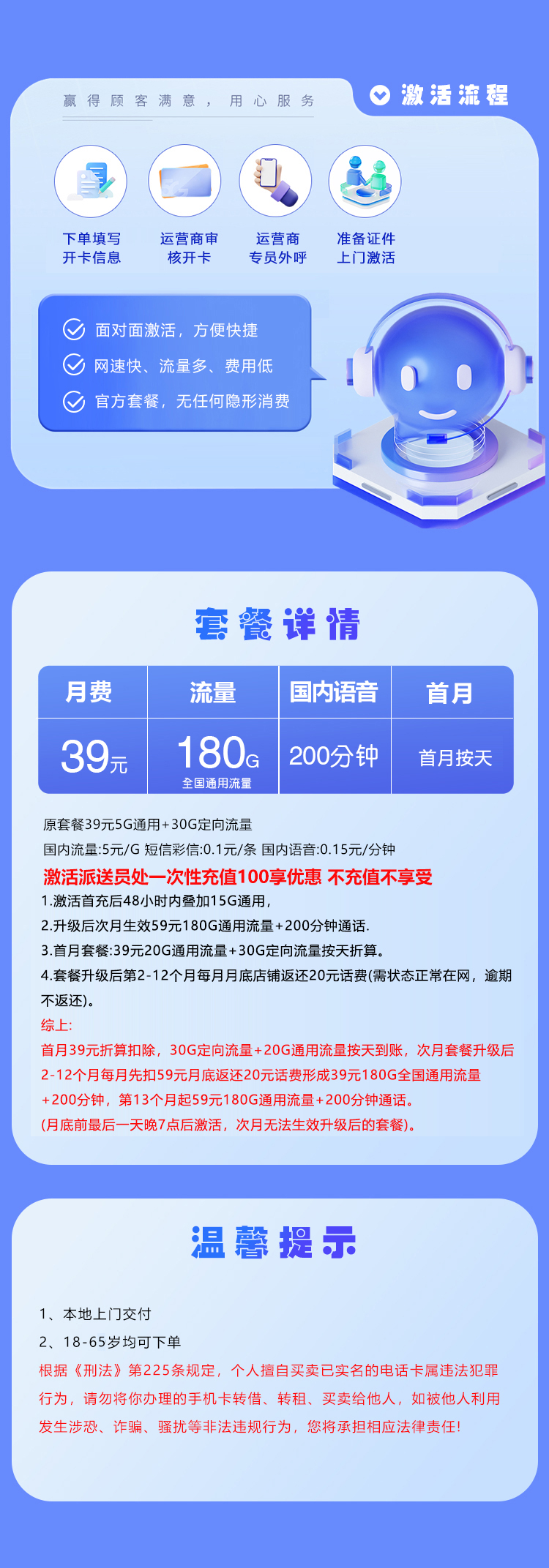 湖北联通省内专享卡39元180G+200分钟
