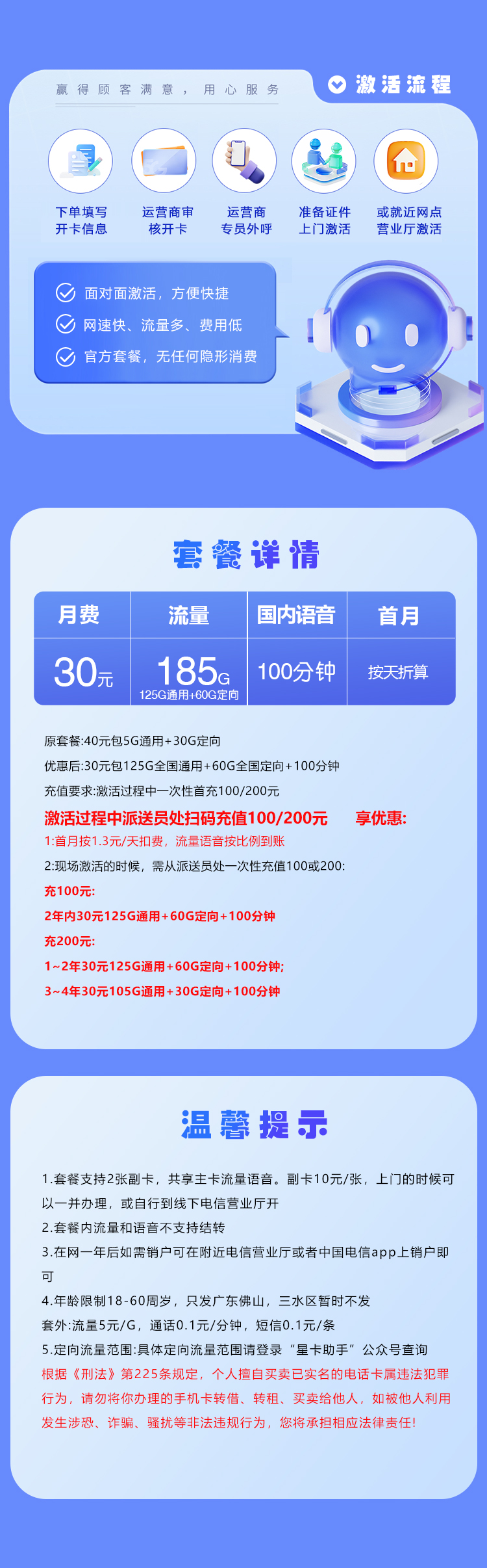 佛山电信专属卡30元185G+100分钟