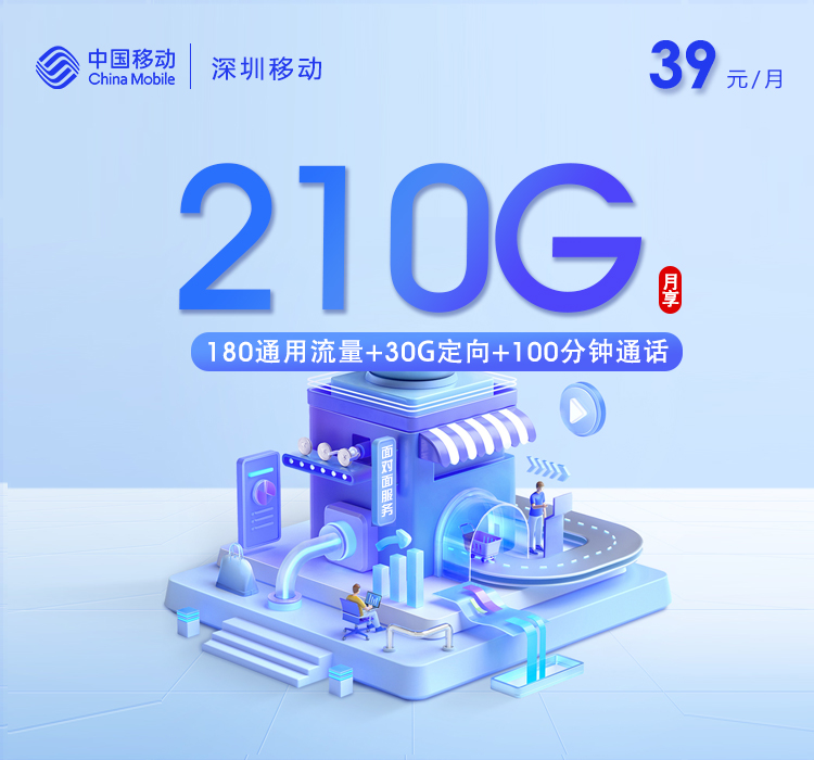 深圳移动专属卡2.039元210G+100分钟