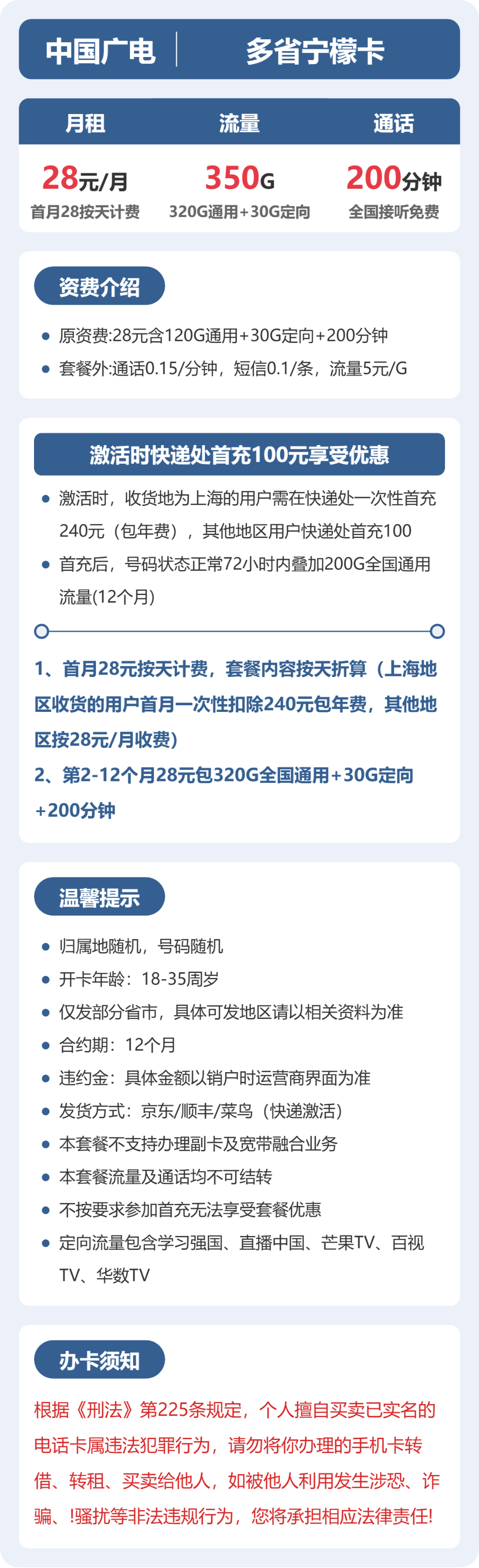 广电多省宁檬卡28元包350G+200分钟