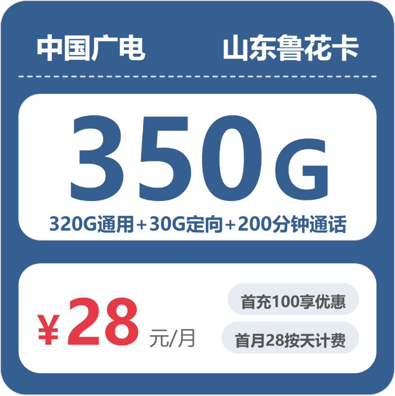 广电山东鲁花卡28元包350G+200分钟