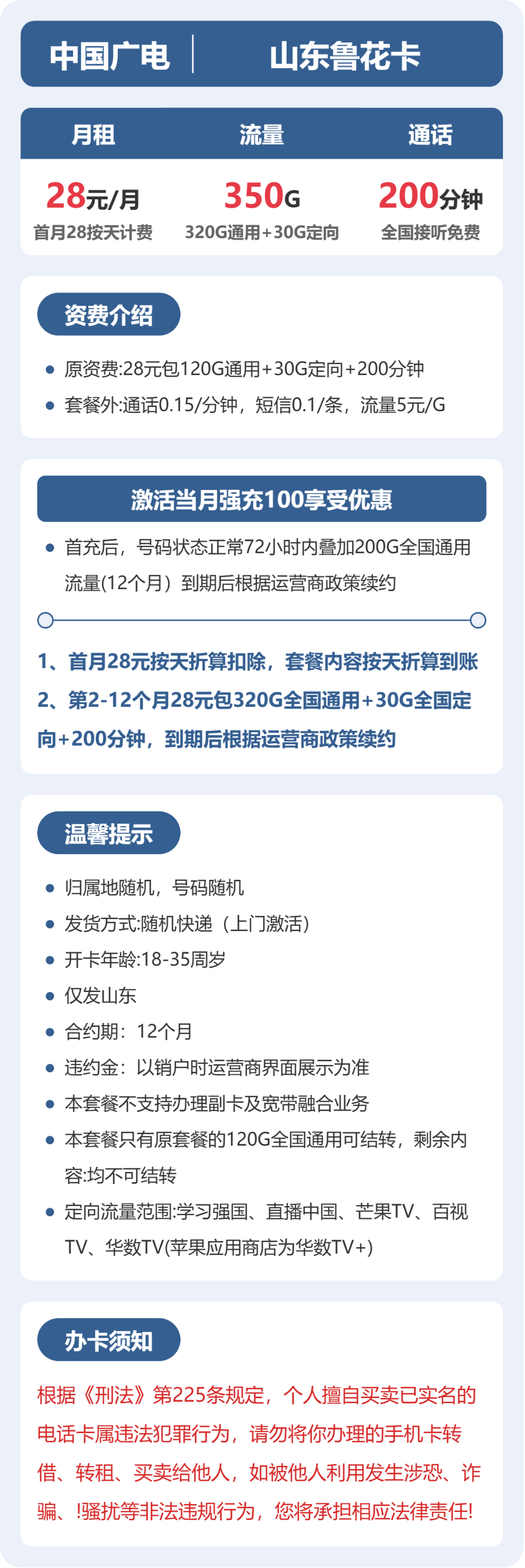 广电山东鲁花卡28元包350G+200分钟