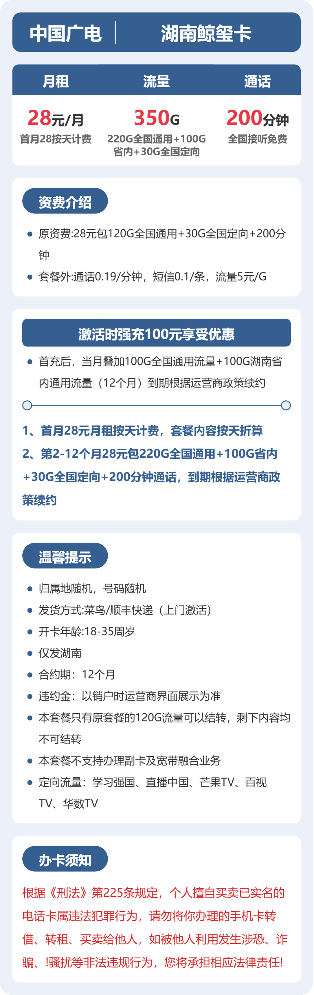 广电湖南鲸玺卡28元包350G+200分钟