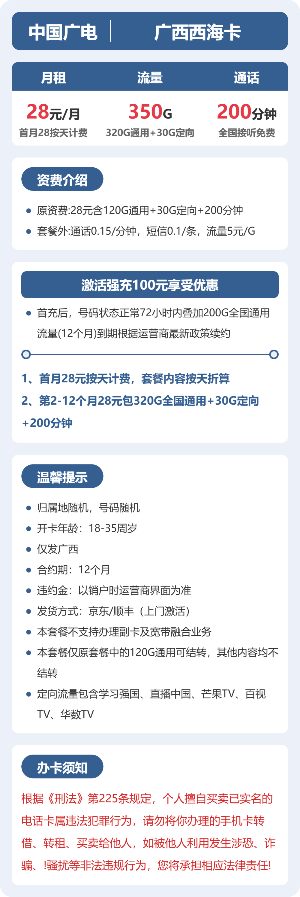 广电广西西海卡28元包350G+200分钟